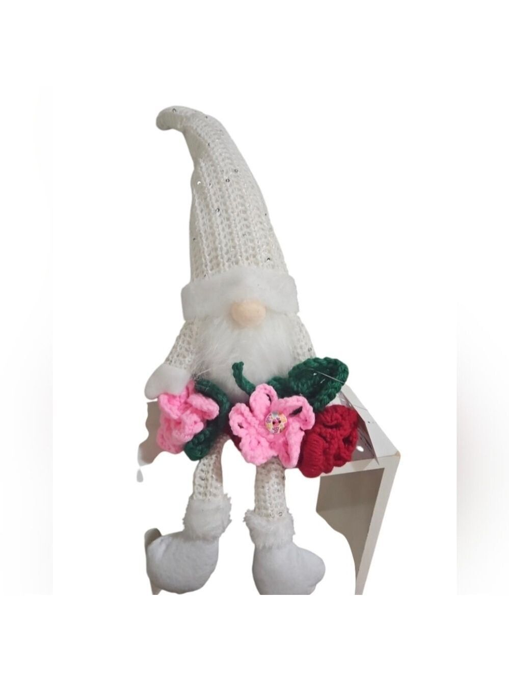 Handmade Mother's Day Gnome White Silver Sequins Red Rose